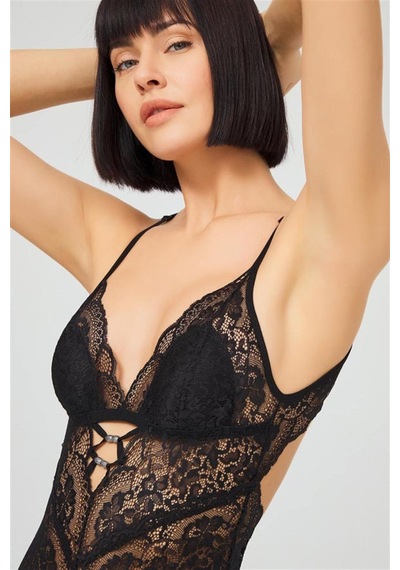 Cottonhill Siyah Çıtçıtlı Sırt Dekolteli Transparan Kaplı Dantelli Bodysuit Siyah