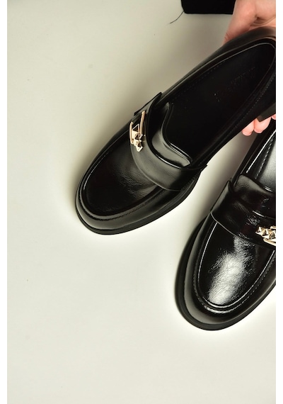 Fox Shoes Z820106460 Siyah Rustik Kalın Topuklu Loafer Ayakkabı