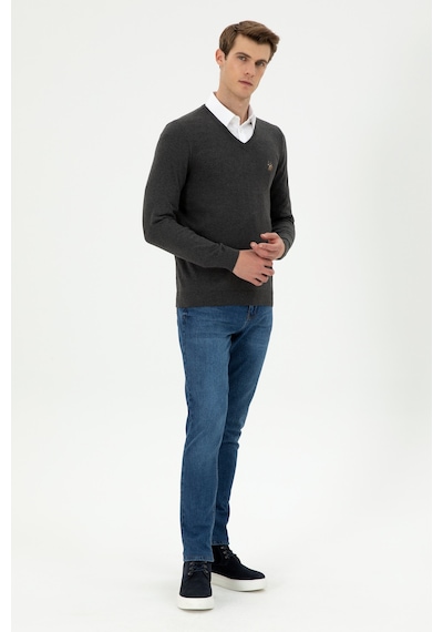 U.S. Polo Assn. Erkek Slim Fit V Yaka Antrasit Basic Kazak 50288885-VR006