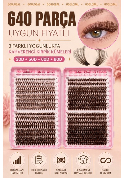 640 Parça Doğal Kahverengi Küme Kirpik 30d 50d 60d 80d D Curl Evde Takma Kirpik Seti 9-16 Mm