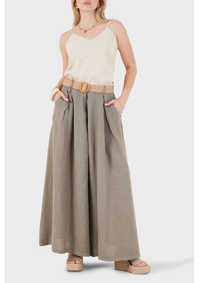 Via Dante Relaxed Fit Yüksek Bel Bol Paça Keten Pantolon Bayan Pantolon 7544 Toprak