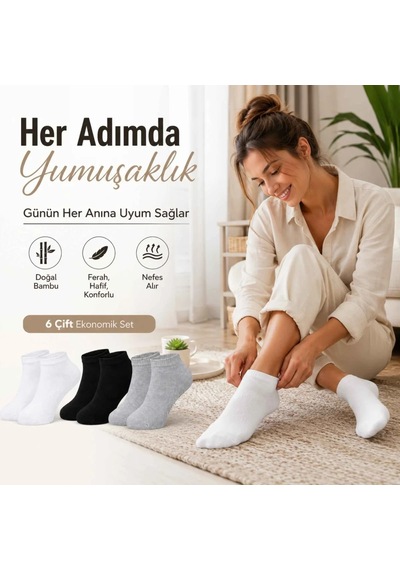Genel Kadın Bambu Patik Çorap 12'li Nefes Alan Nem Emici Yumuşak, Siyah Beyaz Çok Renkli 12'li / 36-40