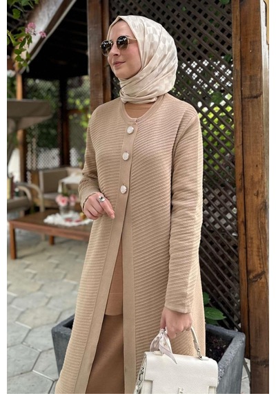 Rabia Şamlı Sinem Çelik Örme Triko Hırka Bej Normal