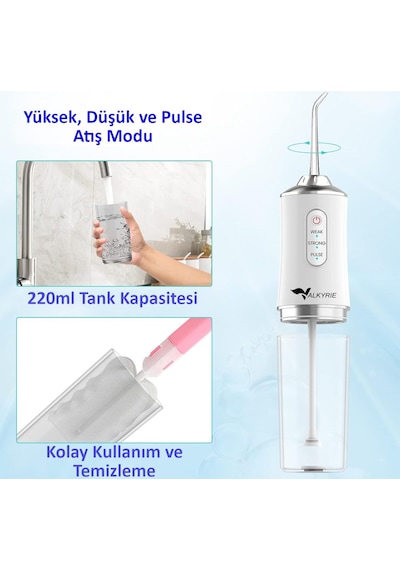 Valkyrie Şarj Edilebilir 4 Başlıklı Taşınabilir Diş Protez Bakım Ve Ağız Duşu Yüksek Kapasite Beyaz