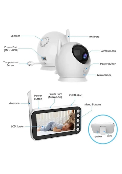 Crow's Tech Ct-lcd Ekranlı Gece Görüşlü Bebek Monitörü - Bebek Izleme Kamerası Oda Sıcaklığı Kontrollü Kablosuz Beyaz