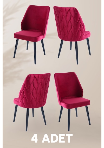 Puffy Sandalye - Babyface Bordo - Metal Siyah Ayak 4 Adet - Salon Sandalyesi / Mutfak Sandalyesi Bordo