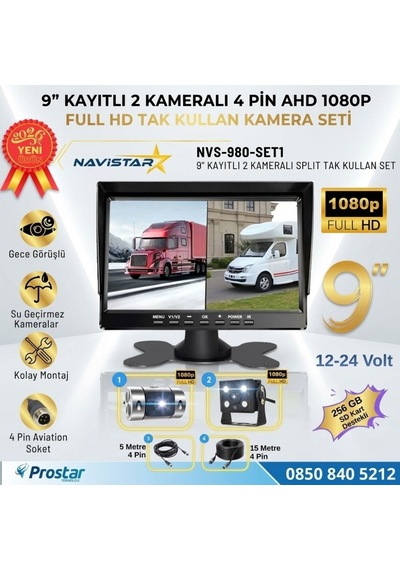 9 İnç Geniş Ekran Kayıtlı 1080p Full Hd 2 Kameralı Araç Güvenlik Ve Geri Görüş Seti 12-24v