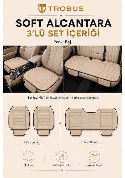 Opel Combo Üniversal Soft Alkantra Çizgili 3 Parça Oto Koltuk Minderi Bej
