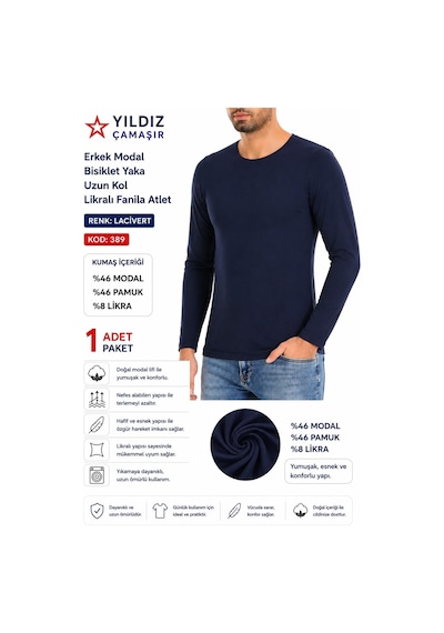 Yıldız Çamaşır Erkek Modal Bisiklet Yaka Uzun Kol Likralı Fanila Atlet 385-386-387 - 1 Adet Lacivert Yıldız Çamaşır Erkek Modal Bisiklet Yaka Uzun Kol Likralı Fanila Atlet 385-386-387 - 1 Adet Lacivert
