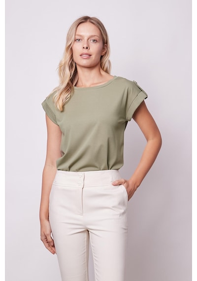 Jument Kadın Kaliteli Likrasız Span Kumaş Geniş Sıfır Yaka Duble Kollu Apoletli Düğmeli T-shirt Bluz-haki Haki Jument Kadın Kaliteli Likrasız Span Kumaş Geniş Sıfır Yaka Duble Kollu Apoletli Düğmeli T-shirt Bluz-haki Haki