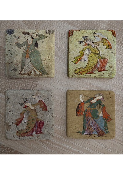 Levni Kadın Minyatürleri Doğal Taş Bardak Altlığı 4'lü Set - Natural Stone Coasters - Taş Çok Renkli