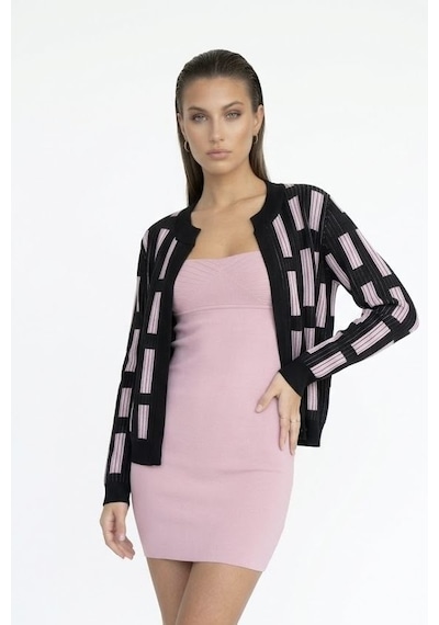 Neden Tekstil Kadın Geometrik Desenli Premium Triko Hırka - Siyah-pembe