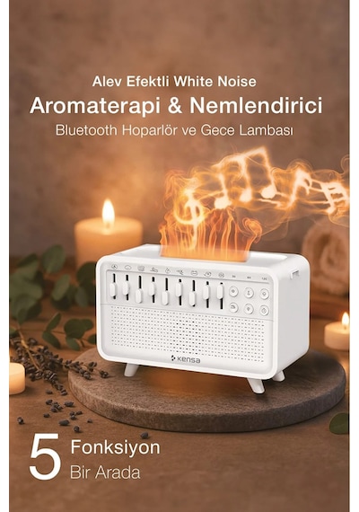 Alev Efektli White Noise Aromaterapi Hava Nemlendirici Bluetooth Hoparlörlü 200 Ml Difüzör