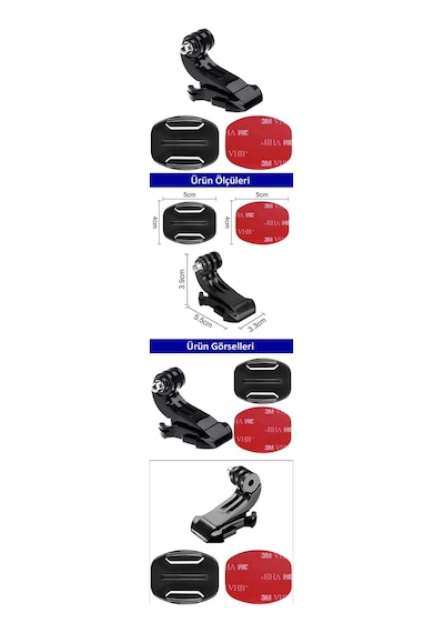Gplus Bs03yj 3 Parça Flat Zemin Düz Yüzey J-hook Aksiyon Kamera 3m Yapışkanlı Motor Kask Bağlantı Seti Siyah
