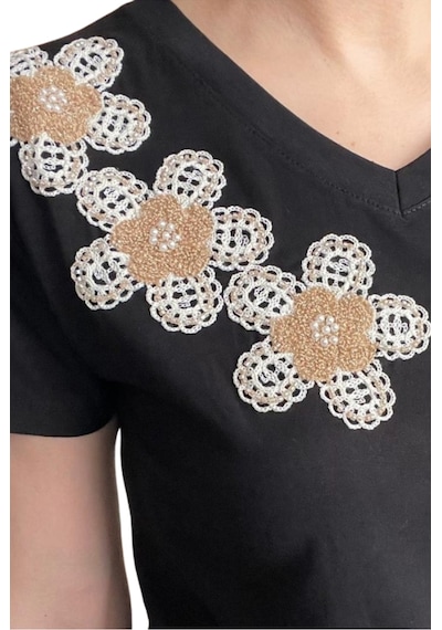 Cassime Kadın Siyah %100 Pamuk Regular/normal Kalıp Çiçek Nakışlı Örme T-shirt
