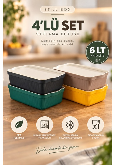 Porsima 4517 Mix Still Box 4'lü Kapaklı Saklama Kabı Seti 6 Lt Mutfak, Buzdolabı & Dolap İçi Düzenleyici Kutu Çok Renkli