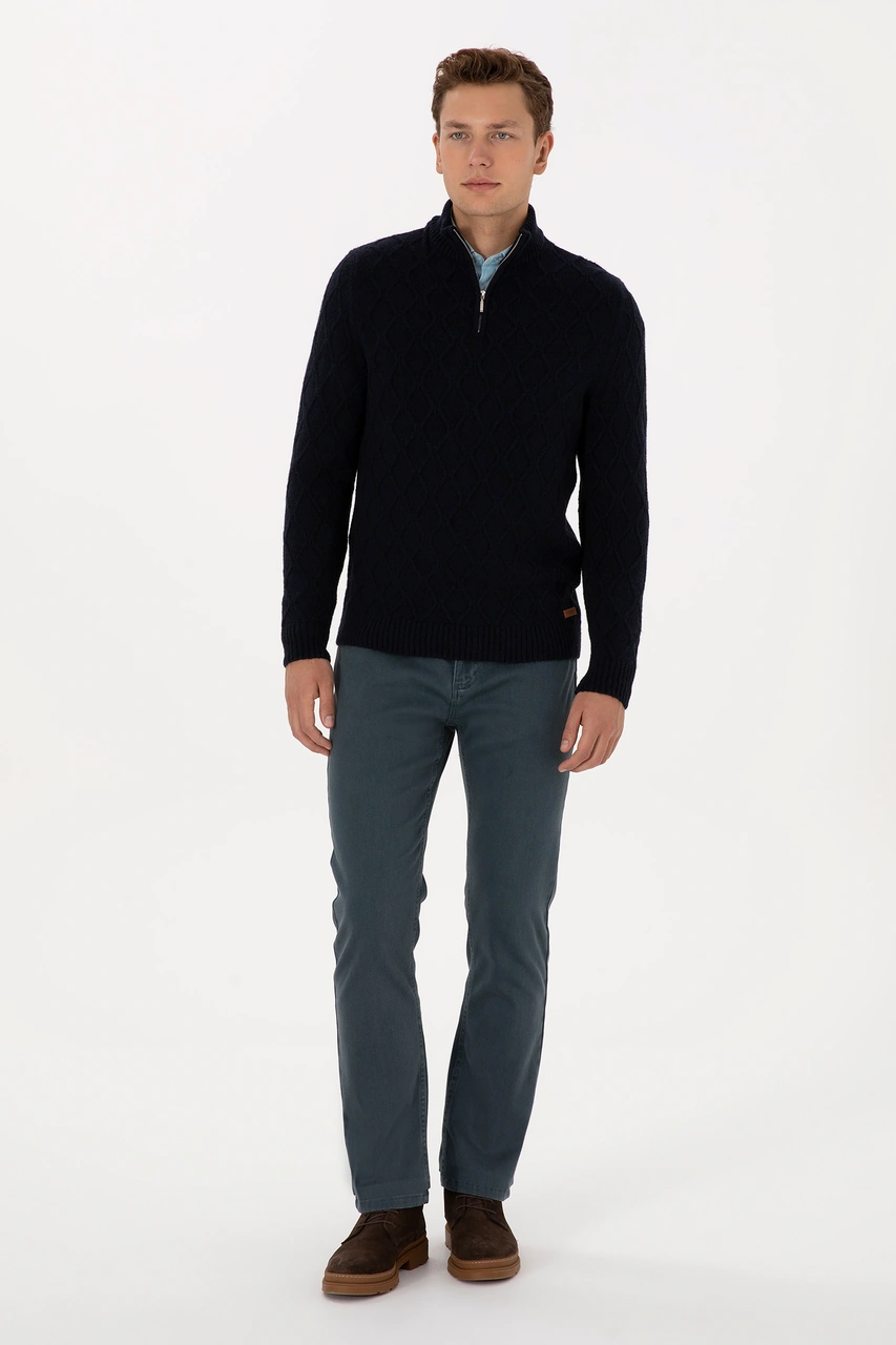 U.S. Polo Assn. Erkek Regular Fit Yarım Fermuarlı Desenli Lacivert Kazak 50315035-VR033