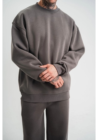 Erkek Uzun Kol Bisiklet Yaka 3 İplik Pamuklu Kışlık Sweatshirt - Füme