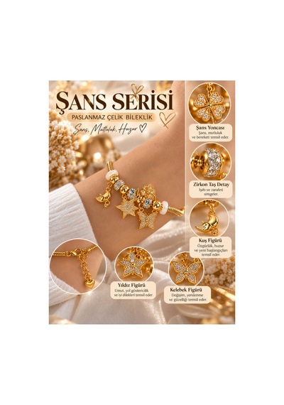 Şans Serisi Çelik Gold Charm Bileklik Yonca, Kelebek, Yıldız Ve Kuş Figürlü Altın