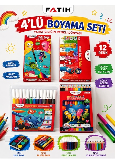 Fatih 4 Lü Boyama Seti 12 Li Sulu Boya Pastel Boya Keçeli Kalem Kuru Boya Çok Renkli