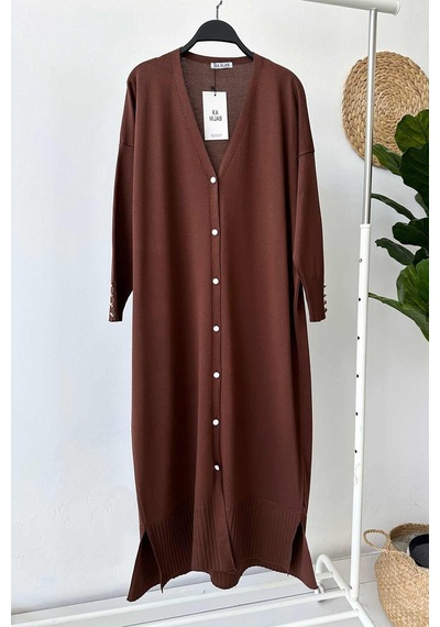 Kahijab Maxi Boy Düğmeli Merserize Hırka - Kahverengi