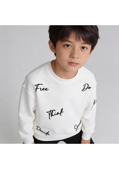 King-Brich Bisiklet Yaka Nakışlı Oversize Kalıp Çocuk Sweatshirt Beyaz