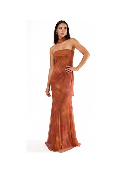 Hiccup Straplez Çiçek Desenli Tül Kuşaklı Bodycon Maxi Elbise Parlak Turuncu