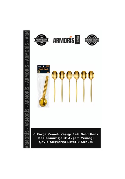 6 Parça Yemek Kaşığı Seti Gold Renk Paslanmaz Çelik Akşam Yemeği Çeyiz Alışverişi Estetik Sunum Çok Renkli
