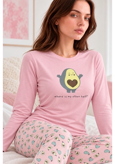 Nisanca Kadın Premium Modal Penye Pijama Takımı %100 Pamuk Soft Yumuşak Dokulu Uzun Kollu Baskılı Desenli Alt Üst 2'li Pembe