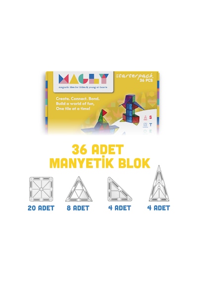 Magly Manyetik Yapı Blokları Çocuklar Için Renkli 3 Boyutlu 36 Parça Manyetik Karo Oyun Seti