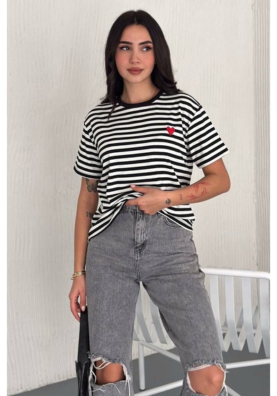 Noa & Noa Kadın Kalp Detaylı Çizgili T-shirt Heartline Beyaz