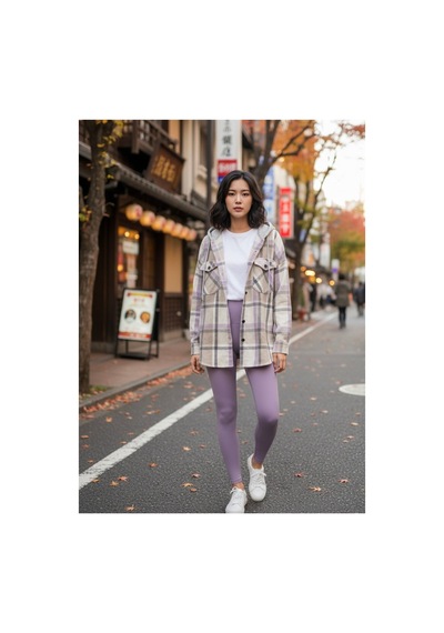 Polologin Butik Kadın Ekoseli Oversize Oduncu Gömlek Ceket - Lila/bej Mor