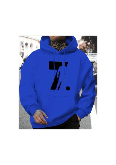 Herkesemoda Baskı Detaylı İçi Polarlı Kapüşonlu Sweatshirt Mavi