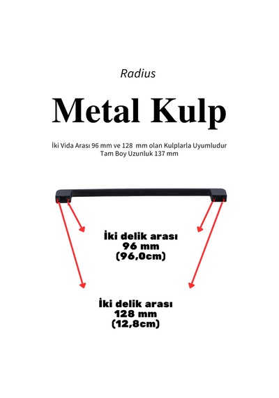 Radius Siyah Metal Mobilya Kulpu 128 Mm / 12,8 Cm Uyumlu Modern Mutfak Dolabı Çekmece Kulbu 9,6 12,8 Siyah Siyah