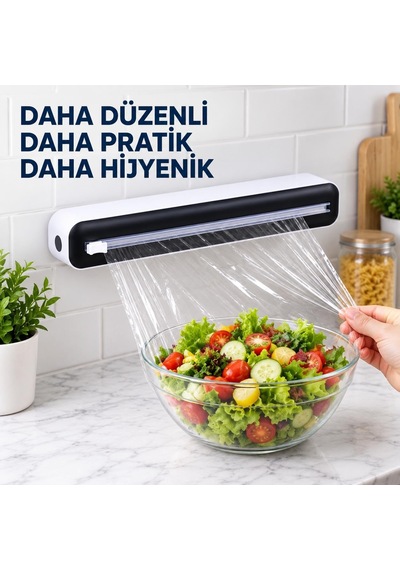 Streç Film Ve Folyo Kesme Aparatı - Duvara Monte Ve Tezgah Üstü Kullanım - Entegre Kesicili Mutfak Dispenseri - Manyetik Sabitleme - 35 X 8 Cm - Siyah Beyaz Çok Renkli