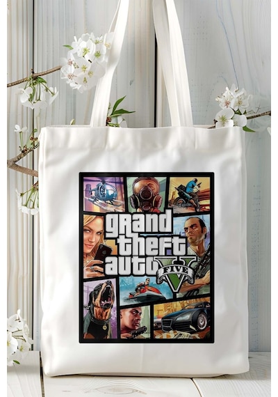 Art Hediye Grand Theft Auto Gta Oyun Baskılı Bez Çanta Omuz Çantası Kişiye Özel Model 8 Çok Renkli