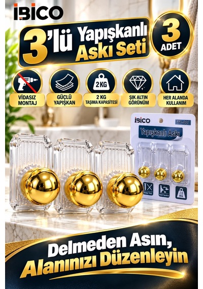 İbico 3'lü Yapışkanlı Altın Askı Seti Vidasız Montaj Güçlü Yapışkanlı Duvar Banyo Mutfak Kapı Askısı Çok Renkli