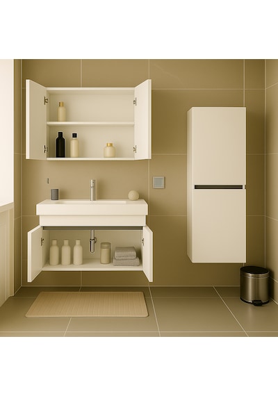 Arista 80 Cm Beyaz Mdf, Seramik Lavabolu, Alt - Üst Ve Boy Dolap Beyaz