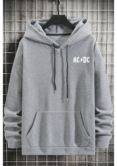 Uyguntarz Unisex Ac Dc Baskılı Kapüşonlu Sweatshirt Gri
