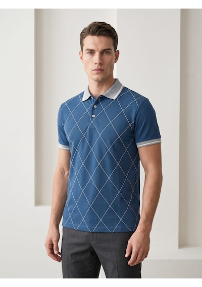 Giyim Dünyası Erkek Baklava Desenli Polo Yaka Tshirt Petrol Mavi