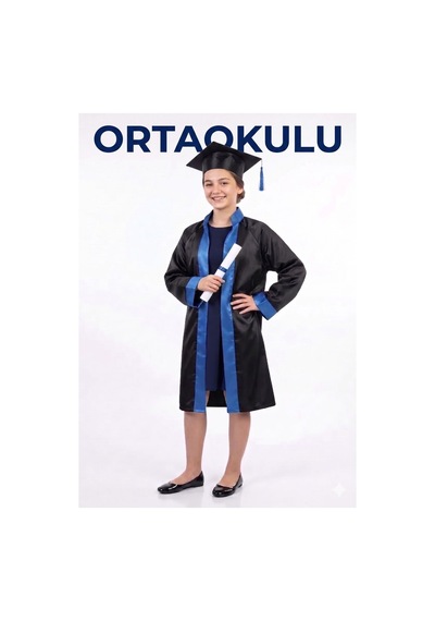 Nacar Store Çocuk Ortaokul Unisex Şeritli Siyah Mezuniyet Cübbesi Ve Kep Takımı Mavi