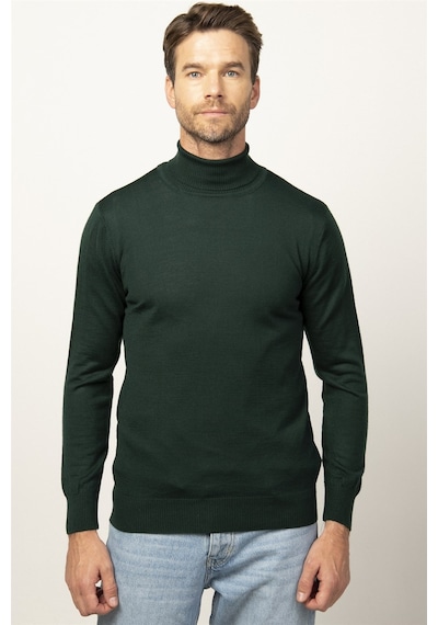 Tudors Slim Fit Dar Kesim Tam Boğazlı Yaka Düz Yün Erkek Kazak-25723 Yeşil
