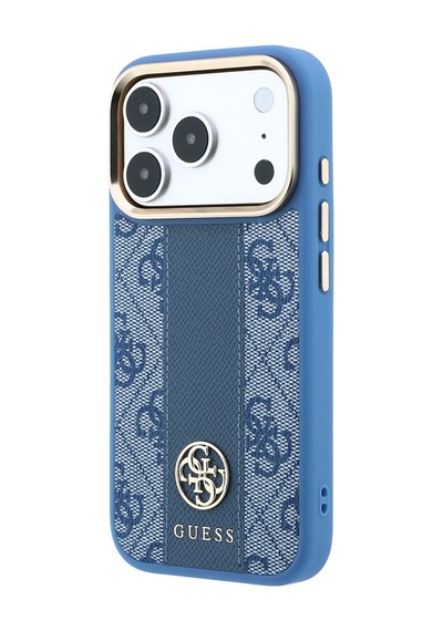 Apple iPhone Uyumlu 18 Pro Kılıf Guess  Lisanslı M-safeli Deri 4g Desenli Şeritli Yazı Logolu Kapak Mavi