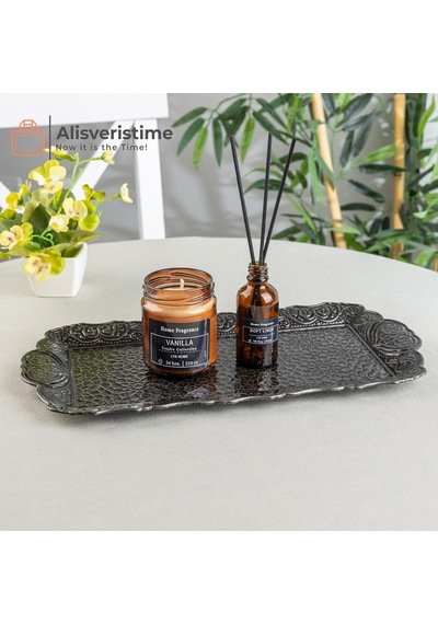 Osmanlı Motifli Küçük Metal Servis Tepsisi Dekoratif Sunum Tepsisi, 36 X 18 Cm, 306 G Antik Siyah