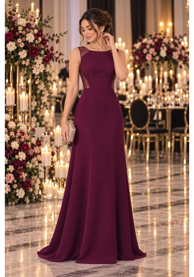 Gül&can Butik Mürdüm Rengi Fiyonklu Abiye Elbise Bordo