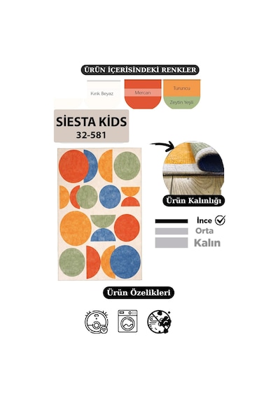 Çam Halı Siesta Kids 32-581 Modern Desenli Dokuma Tabanlı Yıkanabilir Şönil Çocuk Odası Halısı Multi