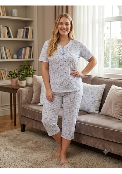 Büyük Beden Kısa Kol Kapri Pamuklu Likralı Pijama Takımı 8642 Turkuaz