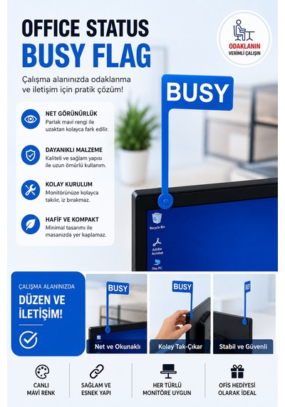 Busy Flag Monitör Durum Göstergesi Ofis Odaklanma Ve Çalışma Uyarı Aparatı 3d Baskı - Mavi