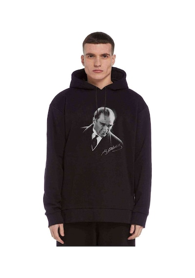 Atatürk Portre Baskılı Siyah Erkek Örme Kapşonlu Sweatshirt