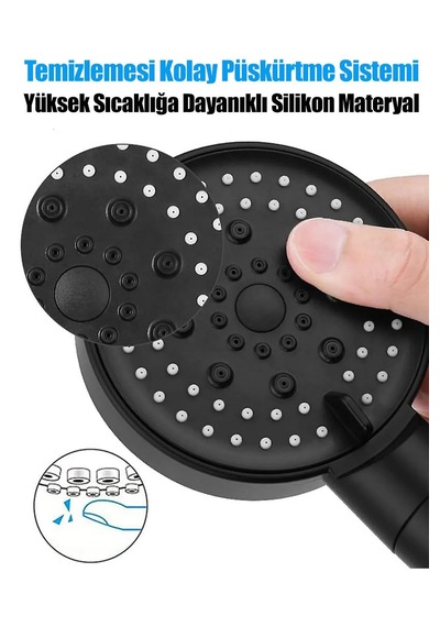 5 Fonksiyonlu Su Tasarruflu Duş Başlığı+ Siyah Mafsal+ 150 Cm Siy Siyah